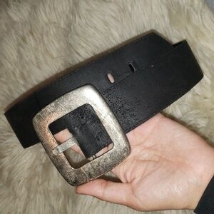 Vintage made in Canada black leather belt with large 3" silver buckle  highwaist